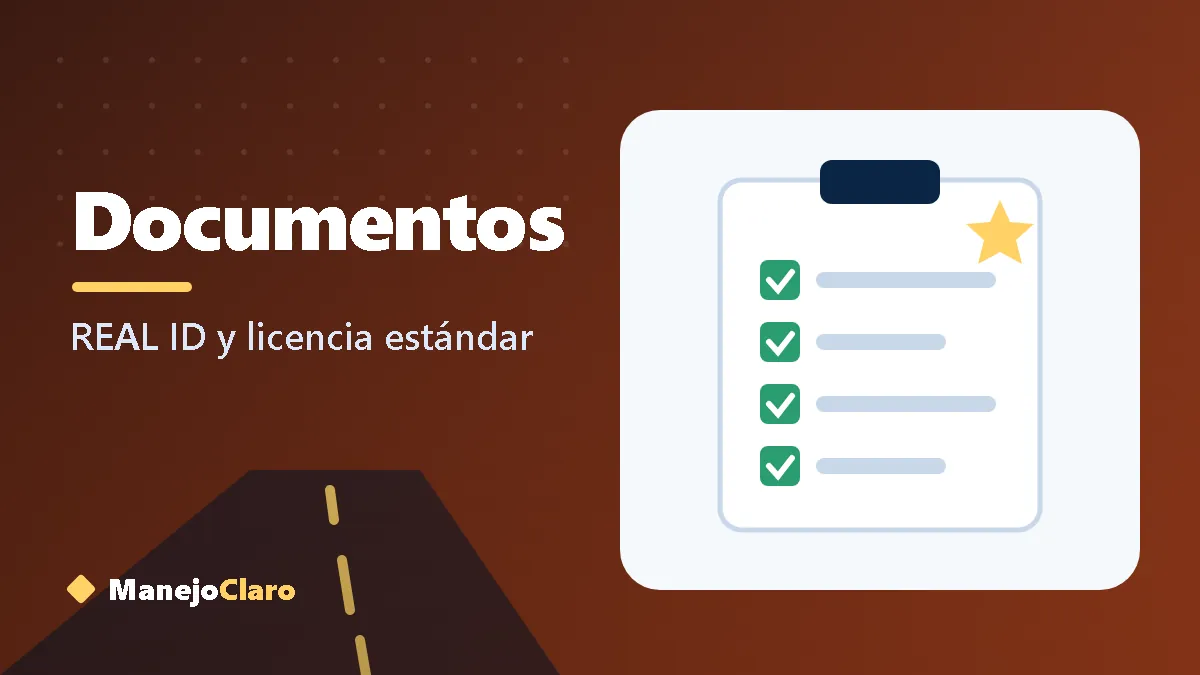 Ilustración de una carpeta de documentos y una licencia REAL ID con su estrella Ilustración de una carpeta de documentos y una licencia REAL ID con su estrella